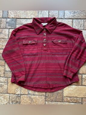 Natural Reflections Burgundy Blanket Striped Button-Front Henley Top